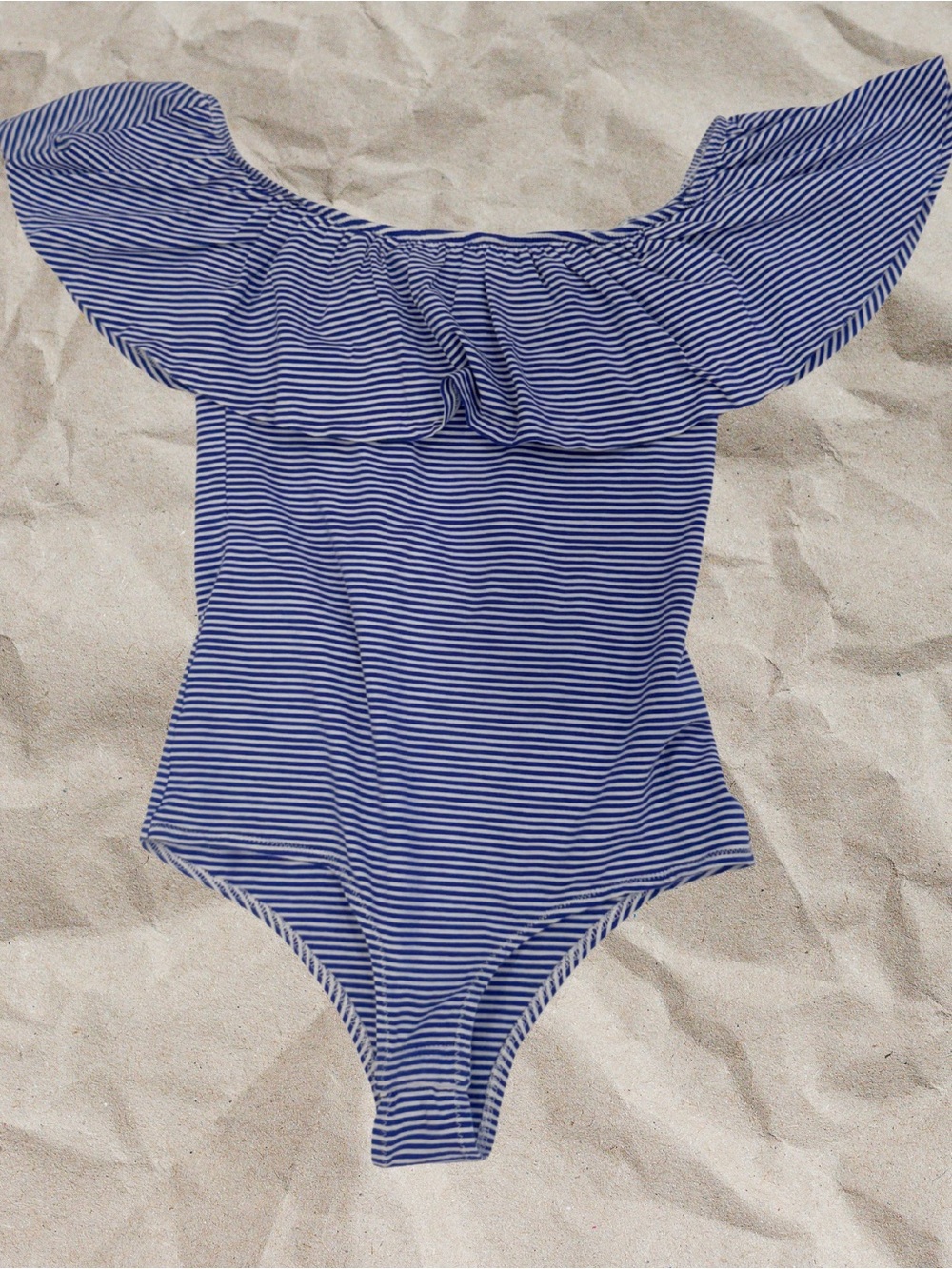 J.Crew Blue White Striped Ruffle Bodysuit Small Off Shoulder Stretch